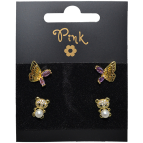 Pozlacené náušnice SET 4 ks MEDVÍDEK a MOTÝL